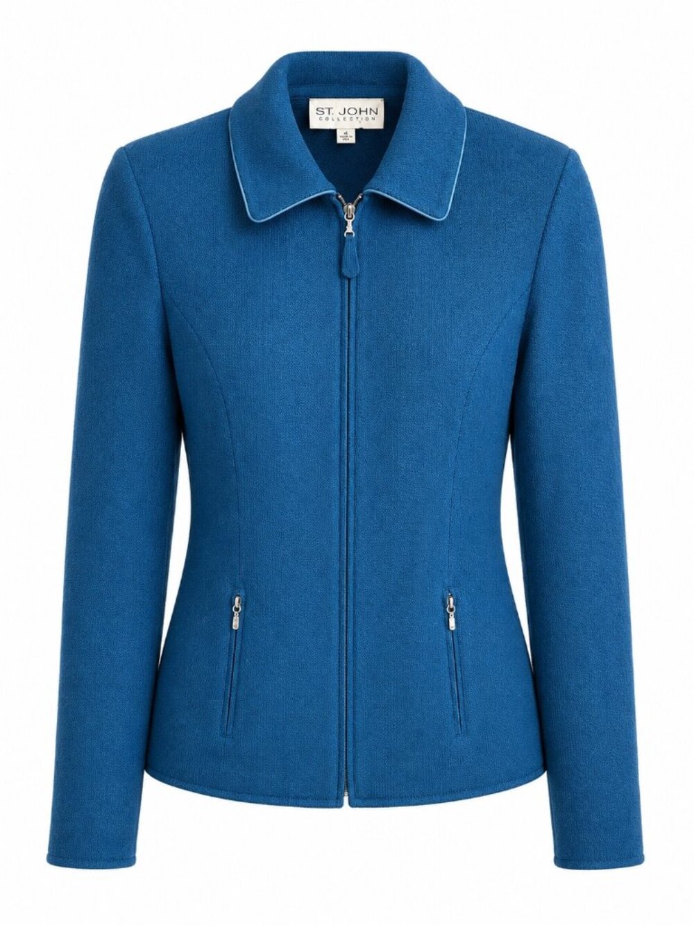St. John Collection Blue Knit Zip-Up Jacket Size 4 With Front Pockets